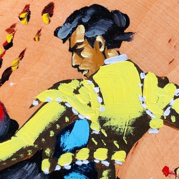 Mid Century Spanish Matador Painting Wooden Plate Wall Hanging Artist signed - Picture 3 of 11
